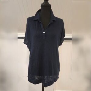 J. Jill Love Linen Navy Polo Top Tunic Womens M Coastal Quiet Luxury Capsule